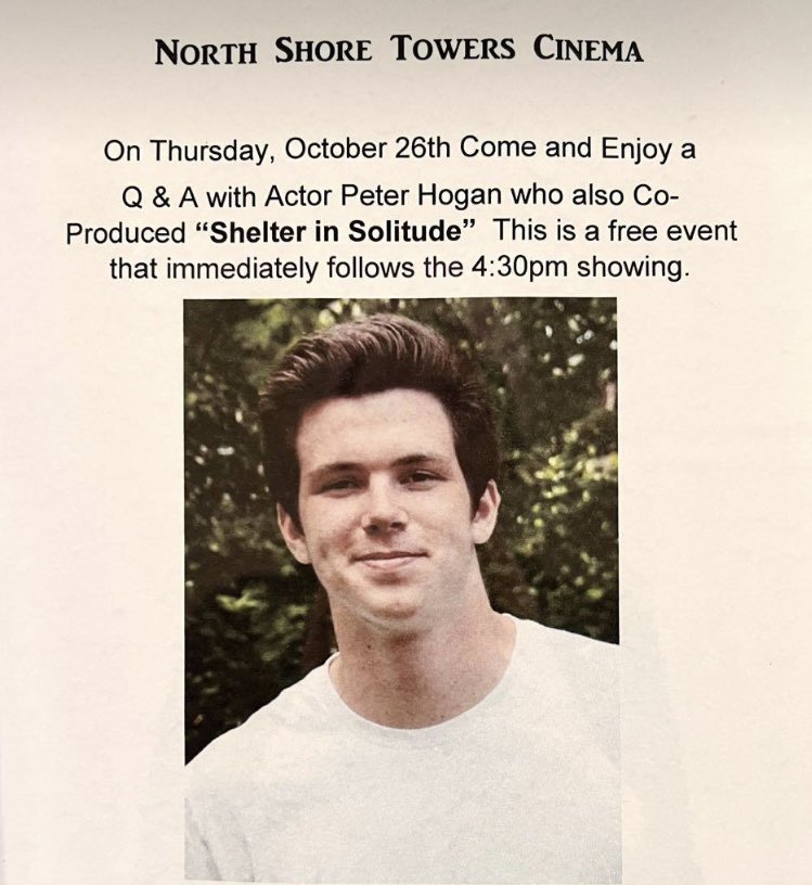 🎥 Join us today after the 4:30pm showing of #ShelterinSolitude for Q&A with talented  actor, Peter Hogan, who also co-produced the #film.. 🎥 
@northshoretowers@shelterinsolitude @whitebuckz @siobhanfallonhogan #northshoretowers #siobhanfallonhogan #peterhogan #petermacon