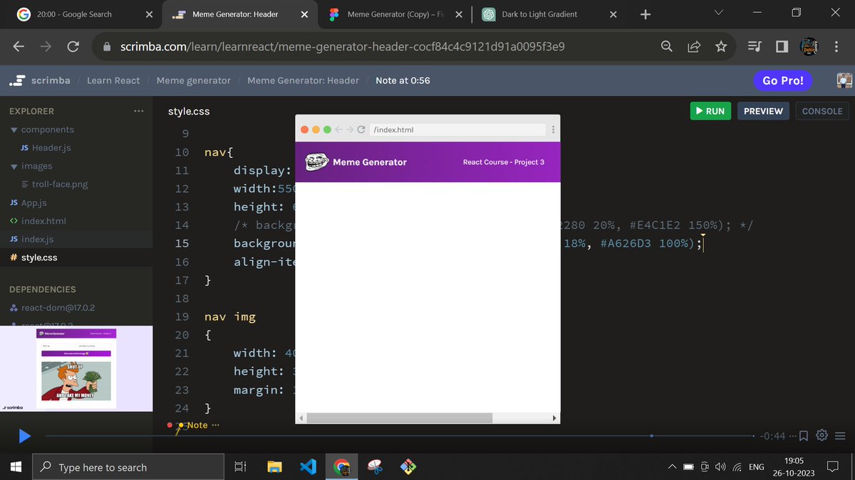 RajguruDevasya's tweet image. 🚀 Day 54 of #100DaysOfCode:
✅ Started work on a meme generator page in the React Scrimba course.
✅ Set up the initial structure and components.
✅ Looking forward to adding some creative flair to the coding journey! 😄💻 #ReactJS #WebDevProgress #MemeGenerator