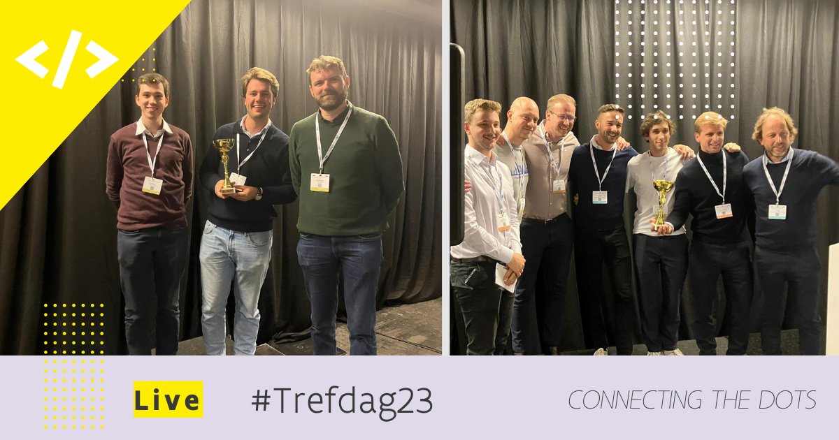 De finalisten van de Trefdag Hackathon presenteerden vanmiddag hun projecten op #trefdag23. Het publiek koos twee winnaars: Team 8 (bouwadvies-expert) in de 'BUS'-categorie en Team 8 (#AI bij cartografie) in de 'TECH'-categorie. 🏆 Proficiat! @Microsoftbe