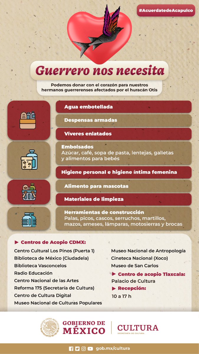 Somos un Centro de Acopio en la CDMX para Guerrero. También se requieren:

Lámparas 
Hornillas de Pilas
Tiendas de Campaña
Impermeables
Sleeping Bags
Mantas

Ayúdanos a compartir esta información 🙏🏾