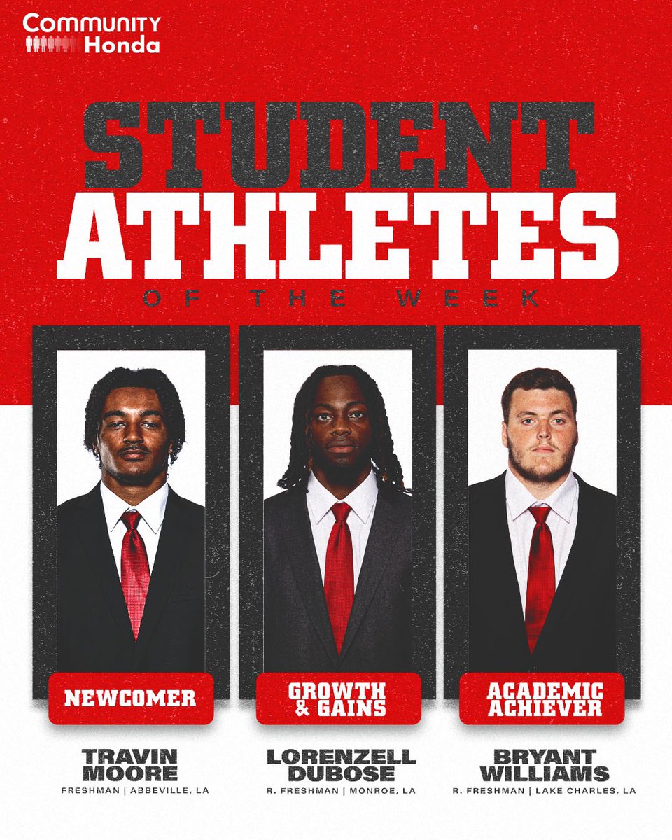 📚 #cULture in the classroom

<a href="/TravinMoore1/">Travin Moore</a>, <a href="/LorenzellDubose/">Lorenzell Dubose</a> and <a href="/BryantW_64/">Bryant Williams</a> are this week's Community Honda Lafayette Student-Athletes of the Week!

#GeauxCajuns
