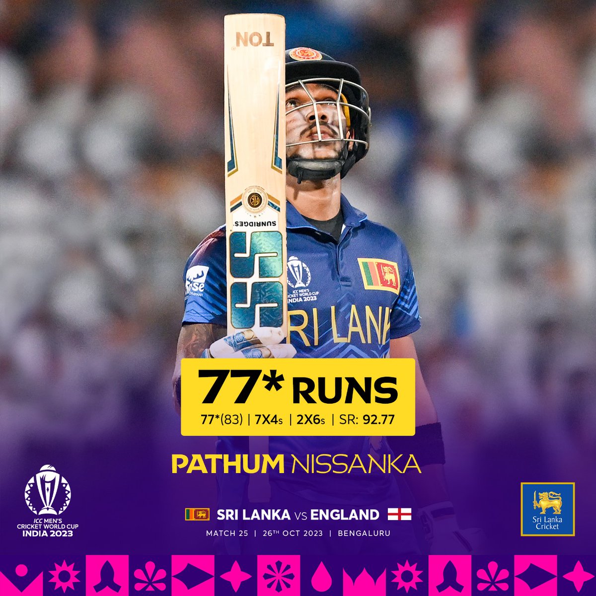 Pathum Nissanka, a true maestro! 
Four consecutive fifty-plus scores in #CWC23, and he's not stopping! 🔥👊

#SLvENG #LankanLions