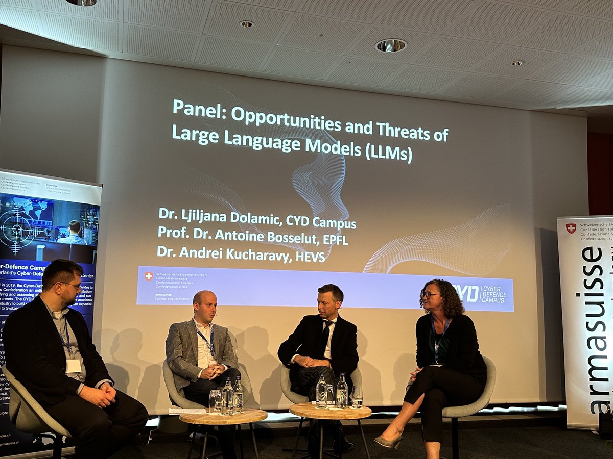 Jan Kerschgens | @jankerschgens@mastodon.social (@jankerschgens) on Twitter photo Great panel on “Opportunities and threats of #LLMs ” featuring Dr Ljiljana Dolamic of @cydcampus , Prof <a href="/ABosselut/">Antoine Bosselut</a> of <a href="/EPFL/">EPFL</a> and Dr Andrei Kucharavy of <a href="/hessovalais/">hessovalais</a> at the annual @cydcampus conference in beautiful <a href="/Bern_Stadt/">Stadt Bern</a> #AI Great panel on “Opportunities and threats of #LLMs ” featuring Dr Ljiljana Dolamic of @cydcampus , Prof <a href="/ABosselut/">Antoine Bosselut</a> of <a href="/EPFL/">EPFL</a> and Dr Andrei Kucharavy of <a href="/hessovalais/">hessovalais</a> at the annual @cydcampus conference in beautiful <a href="/Bern_Stadt/">Stadt Bern</a> #AI