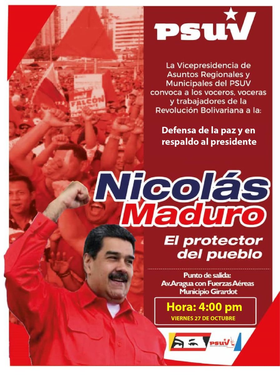 Este 27 de Octubre El Movimiento de Educadores De Aragua se Moviliza en apoyo a nuestro presidente <a href="/NicolasMaduro/">Nicolás Maduro</a> 
¡Educadores de Aragua Siempre Presente y Consecuente! 
#DefiendeTuEsequibo 
<a href="/dcabellor/">Diosdado Cabello R</a> 
<a href="/PartidoPSUV/">PSUV</a> 
<a href="/ramolinap/">Ricardo Molina</a> 
<a href="/Soykarinacarpio/">Karina Carpio</a>
