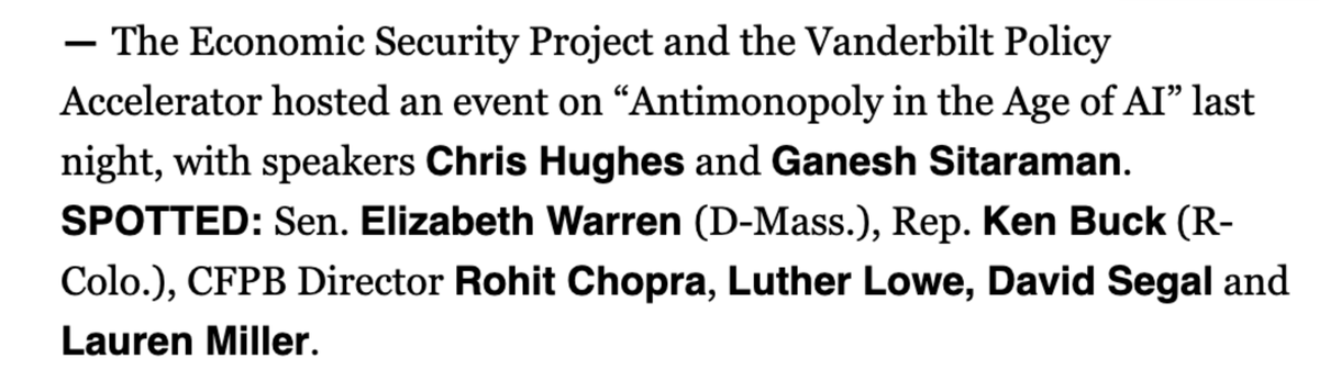 NewHeightsComms's tweet photo. SPOTTED! @politico highlighted @EconomicSecProj's  latest event: #Antimonopoly in the Age of #AI. We are honored that @SenWarren was able to attend and chat with the speakers and guests! https://t.co/GPDt0gSe2P