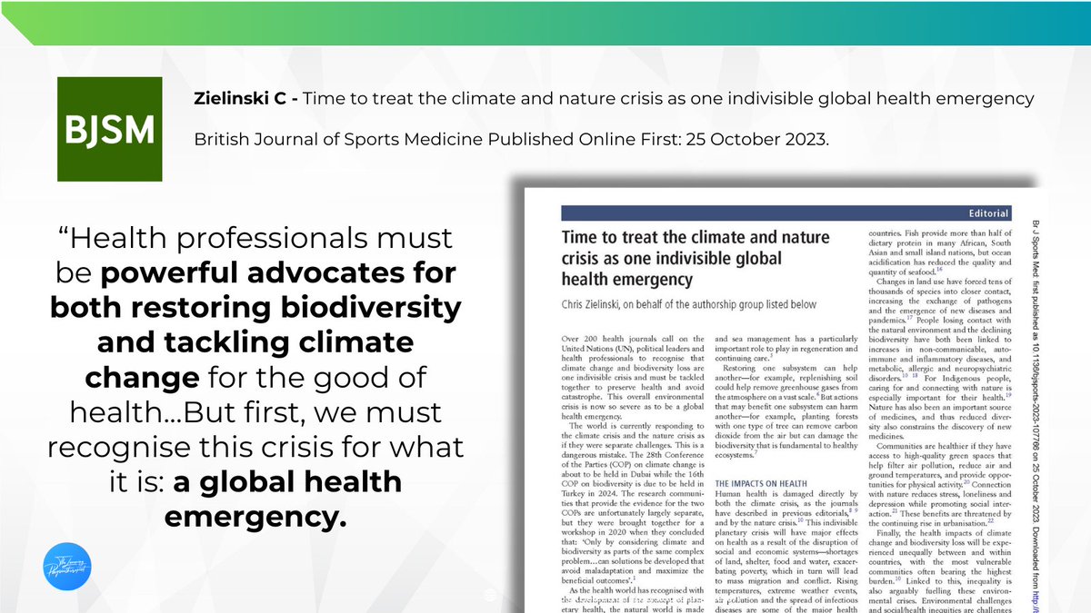 New online from the <a href="/BJSM_BMJ/">British Journal of Sports Medicine (BJSM)</a> 📝

Zielinksi 2023 - Time to Treat the climate and nature crisis as one divisible global health emergency

Open Access 🔓
bjsm.bmj.com/content/early/…

#physiotherapy
#cpd
#softskillsmastery
