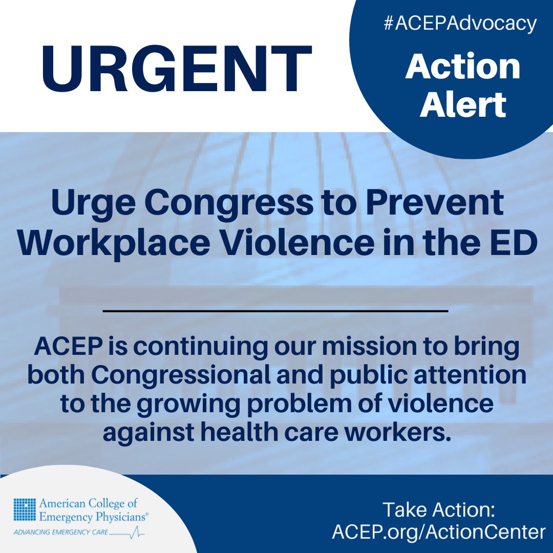 Violence in emergency departments continues to impact your ability to provide patient care. Lawmakers need to hear from physicians like you who are experiencing this crisis firsthand so they will prioritize swift action. Contact Congress today! acep.org/federal-advoca…