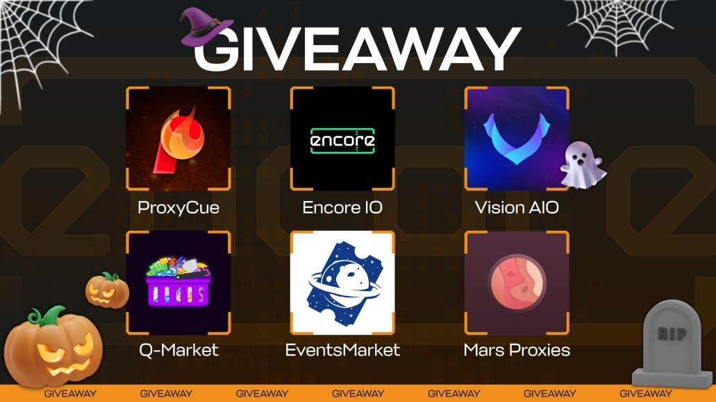 🎃 HALLOWEEN GIVEAWAY 🎃 @encore_aio 1x Renewal + 3x Beta @EventsM_ 2x Taylor Swift tickets @QMarket_ 2x 10 TM aged accs @vision_aio 5x Weekly + 2x Monthly @ProxyCue 1x 25 ISPs TM + 1x 5GB @Marsproxies 5x 1GB Resi + 1x 10 ISPs 🧡 Like + 🔄RT + ✅ Follow all Ends in 3 days!