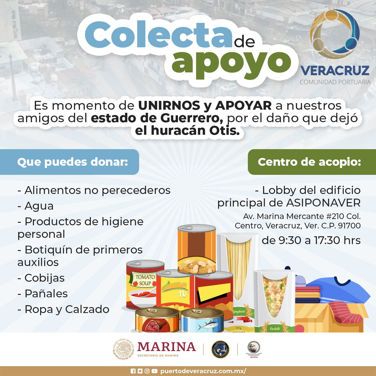 #ASIPONAVeracruz en conjunto con <a href="/VeracruzCP/">Veracruz Comunidad Portuaria</a>   se une para apoyar a nuestros amigos del Estado de Guerrero instalando un centro de acopio de víveres en nuestro edificio principal en horario de 9:30 a 17:30 horas, a partir del día de hoy y hasta el sábado 28 de octubre.