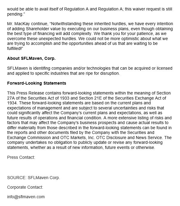 SFLM, please see the attached press release.  This will provide details since November of last year.