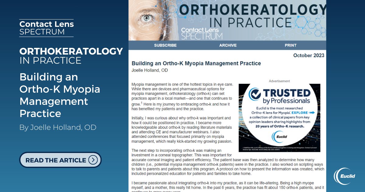 EuclidVision's tweet photo. The October edition of Contact Lens Spectrum's Orthokeratology in Practice newsletter is out! Joelle Holland, OD, shares her journey to embracing ortho-k and how it has benefitted her patients and practice. https://t.co/iPformgt7m

#Euclid #Orthokeratology #TrustedbyProfessionals https://t.co/D0bSi55ljx