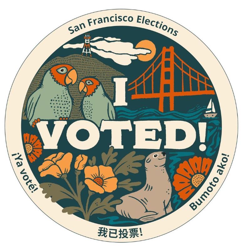 Hey SF! Meet your new “I Voted!” sticker, designed by local illustrator, Hollis C! 🥳 Thank you to the artists who submitted more than 500 designs, the panel of judges who scored each design, &amp; the members of the community who participated in the selection process!