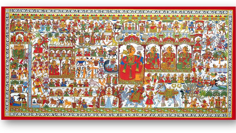 NarrativeNest's tweet photo. 10. #Phad paintings: Derive their name from the local Rajasthani dialect for 'fold.' Done on long canvas, the Phad paintings come to life in the evenings when they are unfolded to tell the valiant stories of local folk deities Devnarayan and Pabuji. https://t.co/BqtUV2AYiG