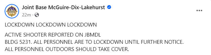 Owls_and_Ivy's tweet photo. ACTIVE SHOOTER ALERT JOINT BASE MCGUIRE-DIX-LAKEHURST
#jointbase #mcguire #fortdix #lakehurst #activeshooter https://t.co/YVDuVanr8J