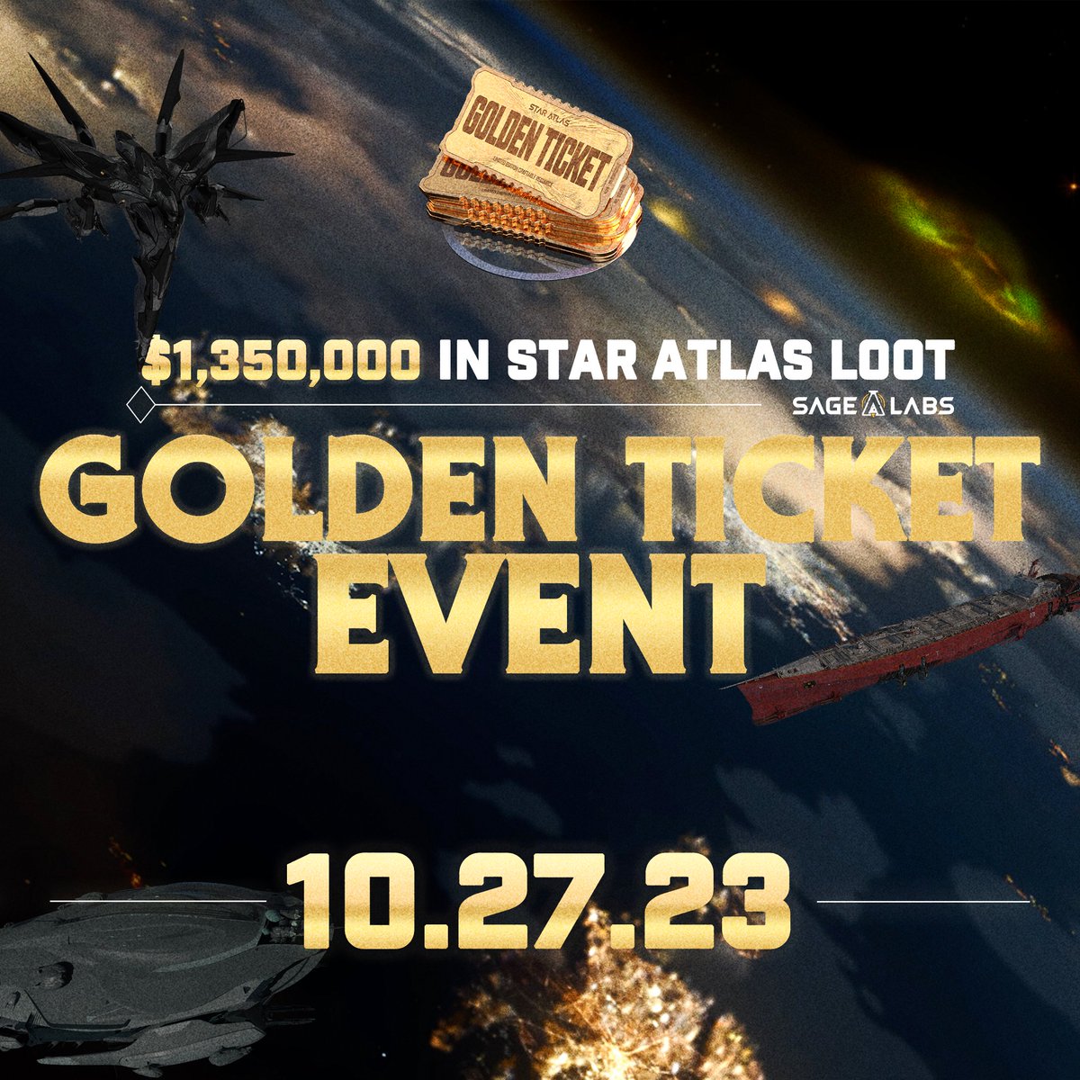 staratlas's tweet photo. It's time to see if the cosmic currents are in your favor. 🌌

Get ready for $1,350,000 in Star Atlas loot to be up for grabs over 8 weeks during our Golden Ticket Event! Submit your golden tickets into week 1 tomorrow at 3:30PM ET /  7:30PM UTC.

➡️ More: https://t.co/Sifwe1S1vY https://t.co/mXe6I4HQ7r