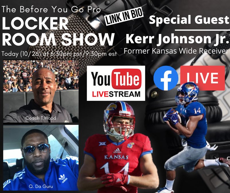Great Opportunity to Learn how to WIN in the Football Industry, Going Down Tonight. Tap into the Locker Room Show as former <a href="/KU_Football/">Kansas Football</a> standout <a href="/kerrtheblur/">Kerr Johnson Jr.</a> swings through to see the fellas and drop some Major Game. 
Link in BIO!#BYGP #Jayhawks #LockerRoomShow #FootballPodcast