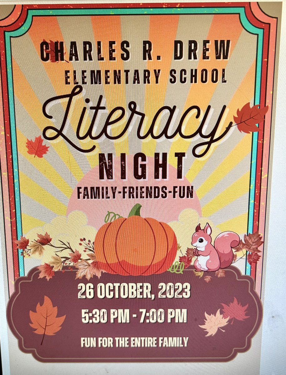 We invite families to come together for a fun and educational evening dedicated to the joy of reading. There will be storytelling, fun activities , and giveaways for everyone! @CharlesRDrewES