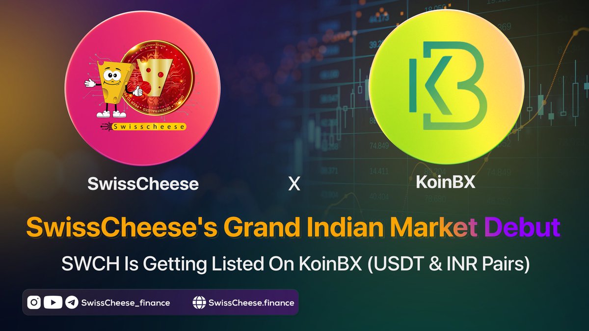 Exciting news, SwissCheesers! 
$SWCH debuts on KoinBX with dual pairs: SWCH/USDT &amp; SWCH/INR 🇮🇳 Expanding accessibility for our Indian community. 
Mark the date: 31st Oct, 5:30 PM IST. 
Join our journey skyward with SwissCheese 🌟 
#SwissCheeseOnKoinBX

<a href="/KoinBX/">KoinBX</a>