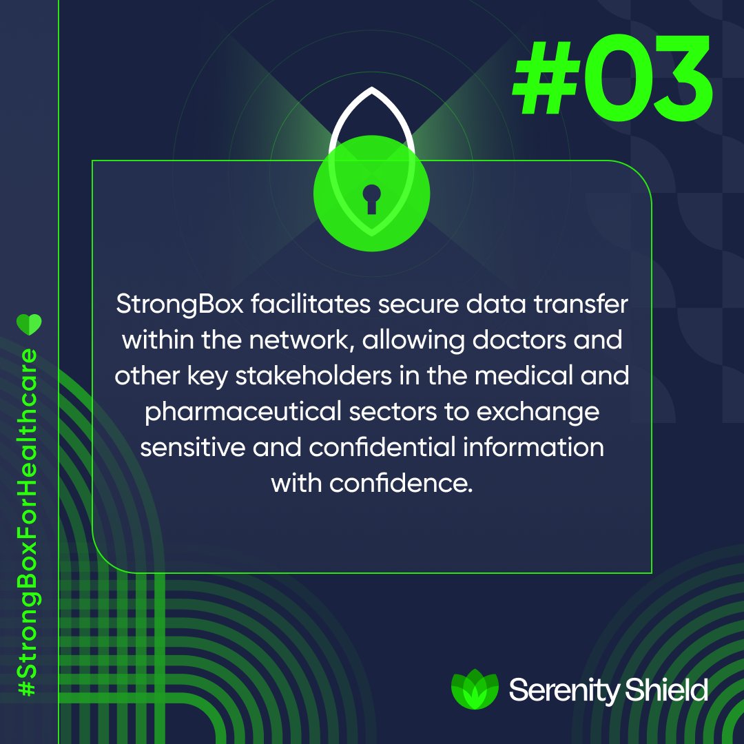 🏥 Want to learn how the @SerenityShield_ #StrongBox can help hospitals and pharmaceutical companies tackle unauthorized access to medical records and reduce data breaches and thefts? 

Swipe to understand its true potential. 💼 #StrongBoxForHealthcare #Cloud3 #Web3