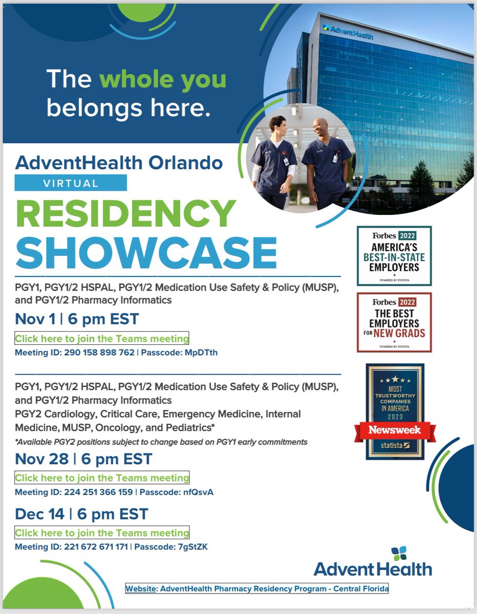 It’s #PharmacyResidency application season!! If you’re interested in moving down to the sunshine state &amp; the happiest place on earth, join us at our upcoming virtual showcases to learn more about the program!! My DMs are open to any questions 💊🏥 #TwitteRx #Pharmacy