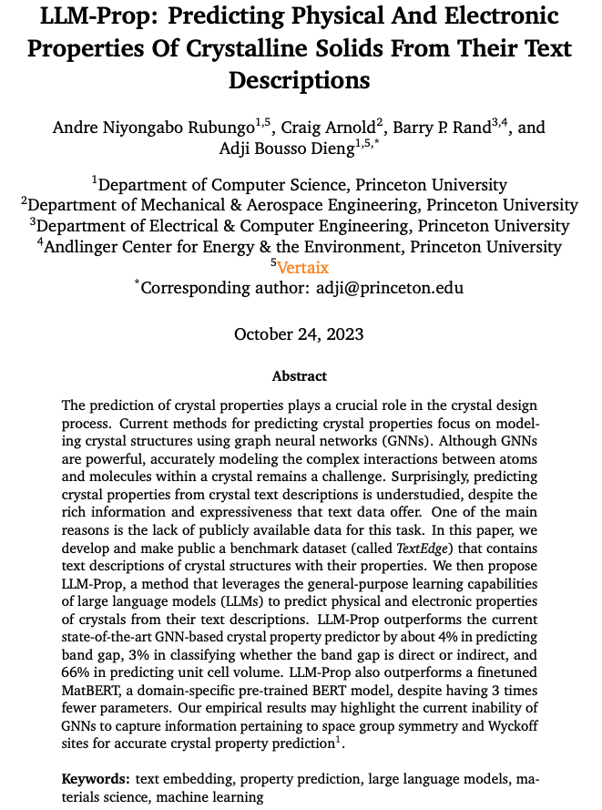 andre_niyongabo's tweet photo. Check out our work on using LLMs to predict the properties of crystalline solids from their text descriptions! #NLP4Science
Paper: https://t.co/aSfJIztzRN
Code: https://t.co/SdejG7st6i https://t.co/LnC7cTIt64