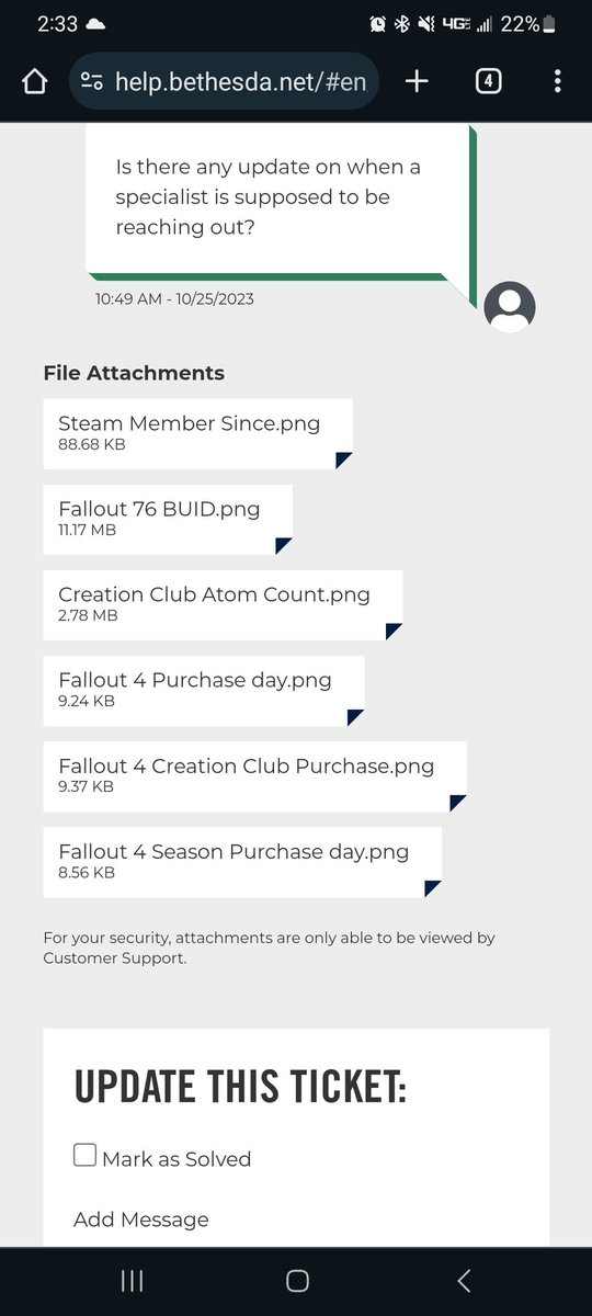 hubblebubblemax's tweet photo. @BethesdaSupport I've attached all the information I have? The fallout 76 BUID attachment is a screenshot coming directly from the Fallout Account on my steam, past that I don't know what else you all want from me in terms of trying to get information from an unknown account. https://t.co/xLqvDzMlHo