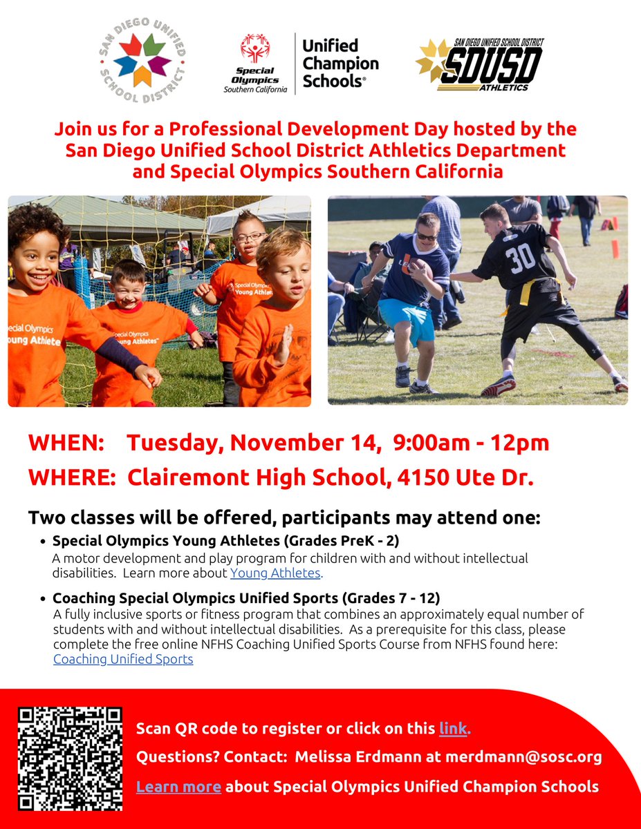 To Learn more about Olympics Unified Champion Schools go here sosc.org/schools/

If you are interested in attending the Unified Champion Schools PD on November 14th from 9:00am-12:00pm at Clairemont High please fill out this short google docs.google.com/forms/d/e/1FAI…