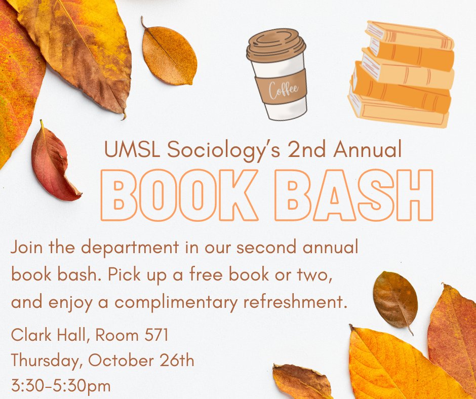 Don't miss out on our Book Bash today in Clark 571 from 3:30-5:30pm! Come grab a couple free books, chat with faculty &amp; fellow students, sip on some hot cider or coffee and enjoy a sweet treat on us!