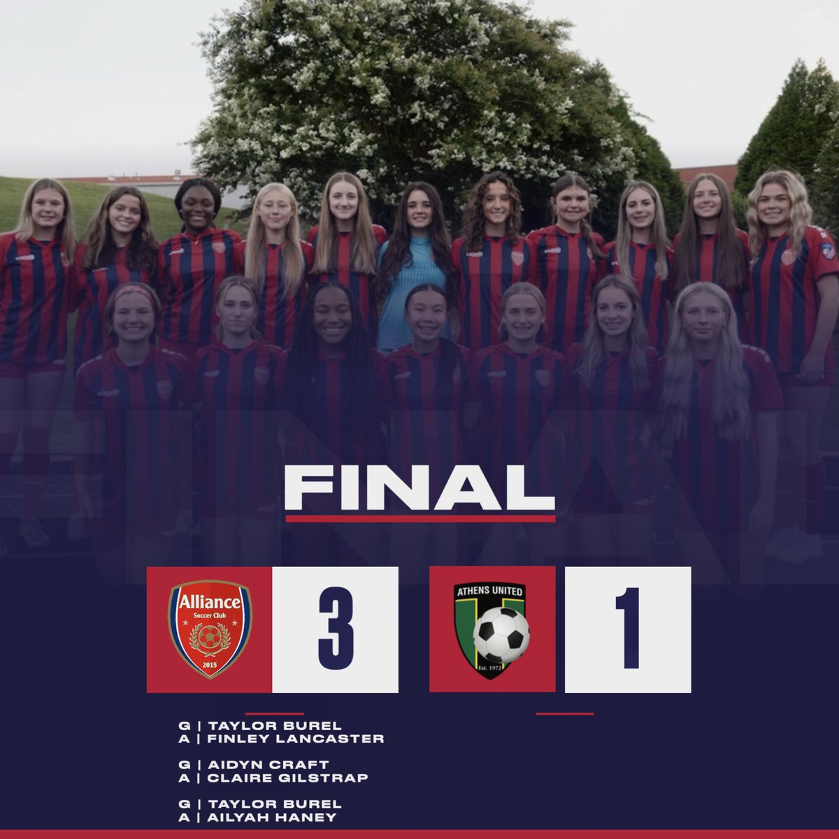 A fantastic team performance under the lights vs Athens United last night! Going into our final game of the season this Sunday vs Atlanta Fire United. #WeAreAlliance

⚽️⚽️ <a href="/TaylorBurel/">Taylor Burel</a> 
⚽️ <a href="/Craft_Aidyn08/">Aidyn</a> 
🅰️ <a href="/FinleyLanc2008/">Finley Lancaster</a> 
🅰️ <a href="/ClaireGilstrap/">Claire</a> 
🅰️ <a href="/aliyahhaney13/">Aliyah Haney</a>