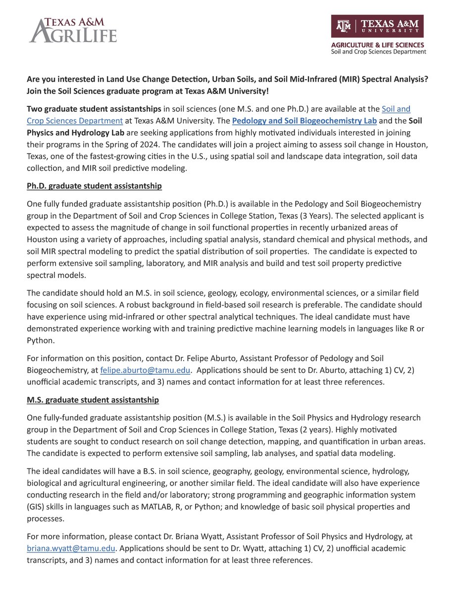 We have two new fully funded Ph.D. and MS. positions in Soil Sciences at Texas A&amp;M University. See post and position description 👇👇👇