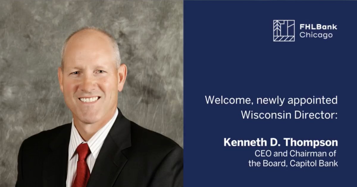 CEO/Chairman, Ken Thompson, has been named to the Federal Home Loan Bank of Chicago Board. Ken will serve a 4 year term starting 1/1/24. 
Ken stated, “I'm deeply honored to have been elected to this role representing Wisconsin member organizations."    tinyurl.com/2p938h6z