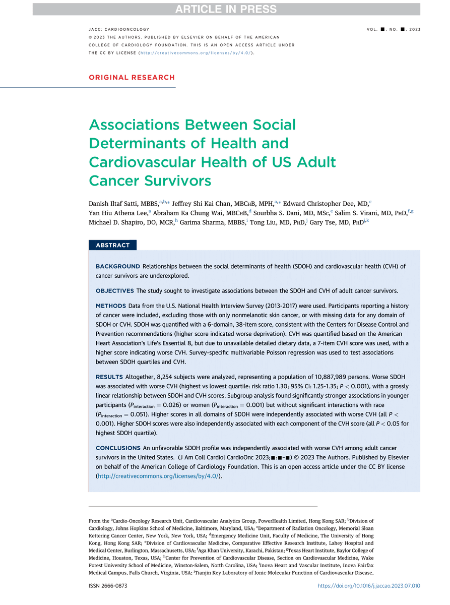 EChrisDee's tweet photo. 👏 Really proud of @Satti_DI, @JeffreyChansky, @GaryTse1, and team for our paper in @JACCJournals #JACCCardioOnc

📜 We explore the association between #SDOH and #cardiovascular #health among US #cancer survivors. 

🔗 https://t.co/aULKdvPHoK https://t.co/IIkTZwBiPD