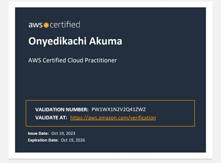 '🚀 Just earned AWS Certified Cloud Practitioner! 🌟 Thanks to my mentors @alx_africa, @ifeanyi_otuonye. Onward to Cloud DevOps! 🙏 #AWS #CloudJourney'