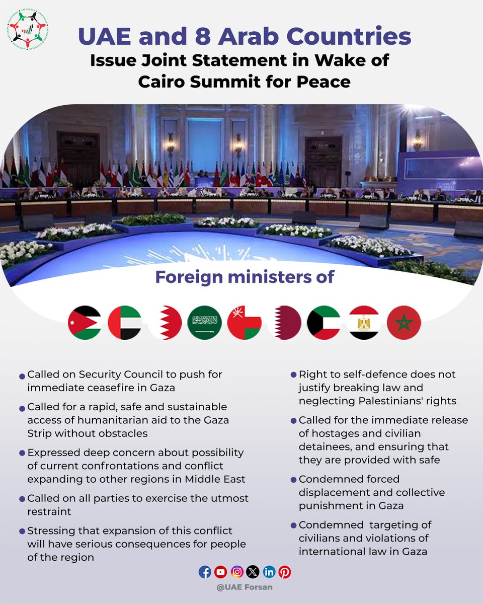 UAE_Forsan's tweet photo. UAE and 8 Arab Countries Issue Joint Statement in Wake of Cairo Summit for Peace
#UAE #Gaza #Jordan #Bahrain #SaudiArabia #Oman #Qatar #Kuwait #Egypt #Morocco #CairoPeaceSummit #قمة_القاهرة_للسلام 
@mofauae https://t.co/uf9DnzIvl8