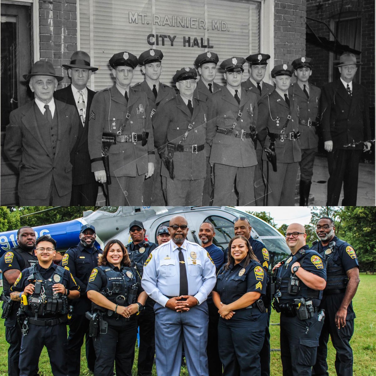 CityofMtRainier's tweet photo. 📷 1945: Police officers gather at the old City Hall building, a fascinating glimpse into our past, contrasting with today's MRPD Police Officers. In 1923, during Mayor Negus's administration, the Mount Rainier Police Department was founded. #MRPD #Centennial https://t.co/WANG8gfs6K