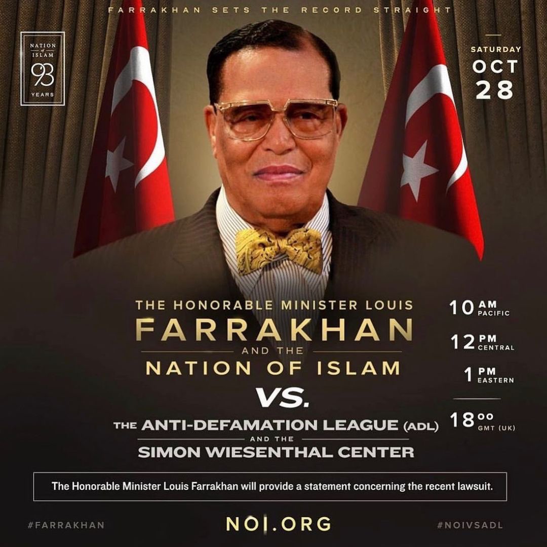 OfficialNOI's tweet image. This Saturday, The Honorable Minister @LouisFarrakhan will provide a statement concerning the recent lawsuit. 

Watch live at 12p CT noi.org

#Farrakhan #NOIvsADL