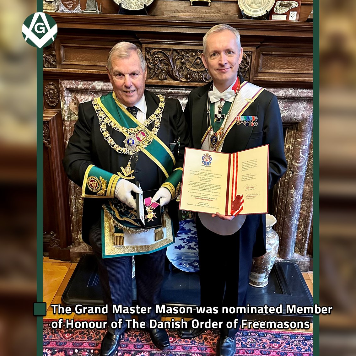 ScotsMasons's tweet photo. During today’s Regular Communication of The Grand Lodge of Scotland, Brother W. Ramsay McGhee, Grand Master Mason, was nominated Member of Honour of The Danish Order of Freemasons by the Grand Chancellor, Brother Christian Høy Petersen, of The Grand Lodge of Denmark. https://t.co/cLodD89m75