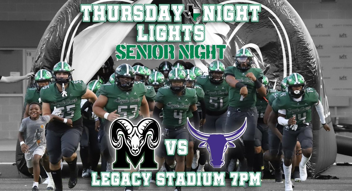 Tonight we celebrate our seniors as the 2023 season comes to an end. We will face off against Morton Ranch in our final battle. Lets takeover Legacy Stadium and send our seniors off the right way! @MCHS_Rams @MCHSAthleticDep @theramrowdies @CoachJensen3 #TheCreekIsRising #RPND