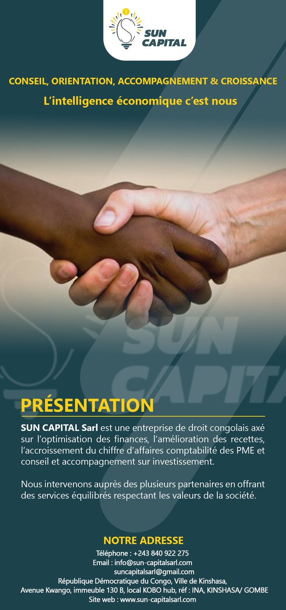 suncapitalsarl's tweet photo. Votre partenaire de confiance.
Consultez nos différents services et revenant vers nous pour nous dire comment nous pouvons travailler ensemble pour la réussite de vos entreprises. https://t.co/4gJwBnWnrR