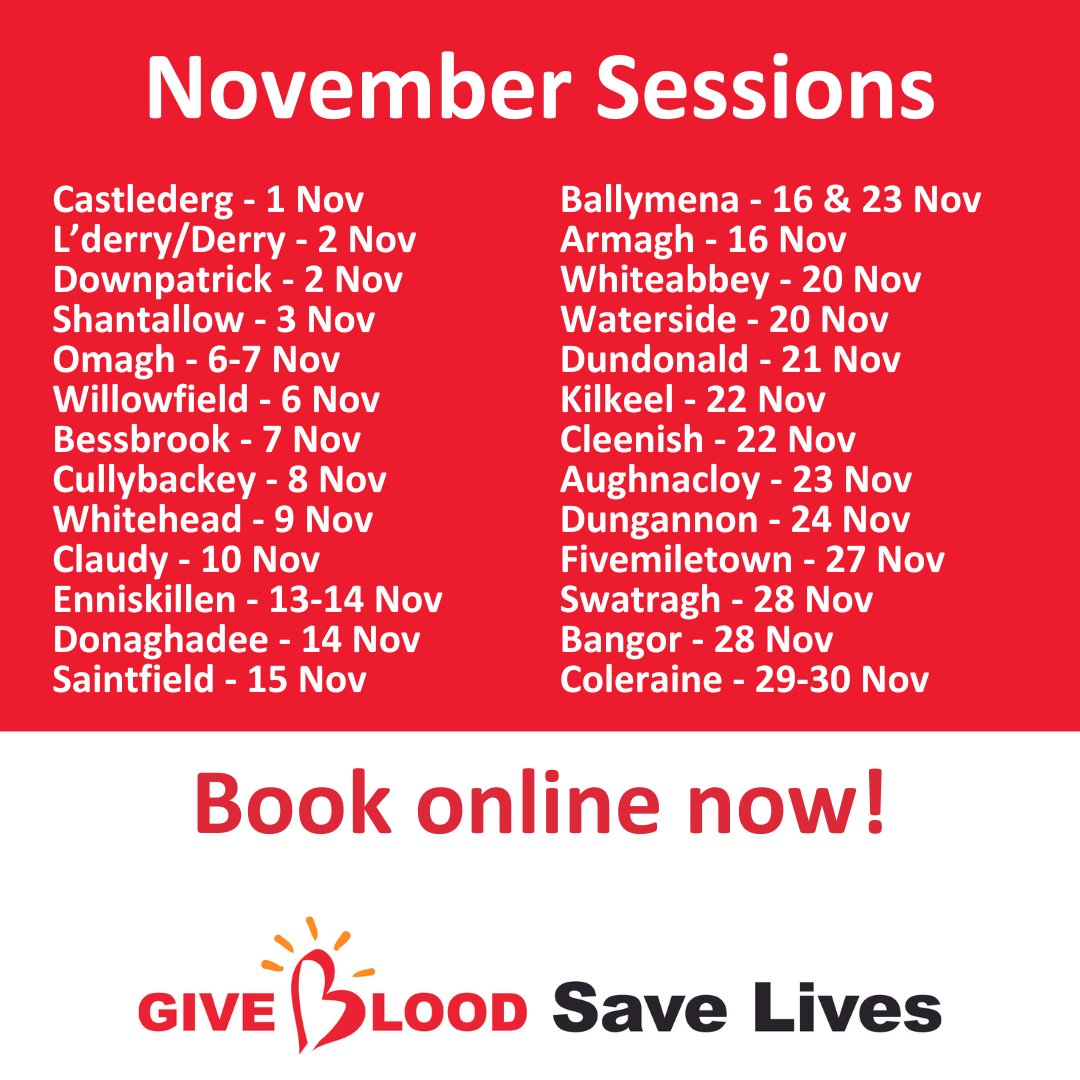 GiveBloodNI's tweet photo. Book online now to join us at any of these community #blooddonation sessions in November  - https://t.co/HBaMXJqM50  📱🙌

Remember, you can also #giveblood at our HQ, #Belfast City Hospital with free parking 👍

Give blood, save lives 🩸❤️

#giveback #lifesaver #northernireland https://t.co/QYhfx4tRfc