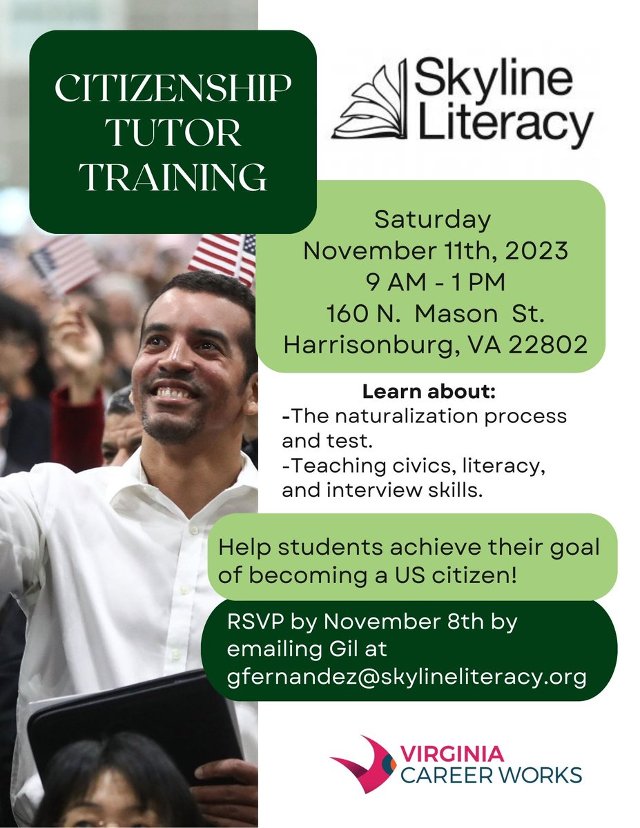 LiteracySkyline's tweet image. For those interested or seeking more information, please don&apos;t hesitate to reach out to our dedicated Tutor Manager, Gil Fernandez, at gfernandez@skylineliteracy.org. We can&apos;t wait to have you on board!

#SkylineLiteracy #CitizenshipPreparation #TutorTraining #EducationMatters