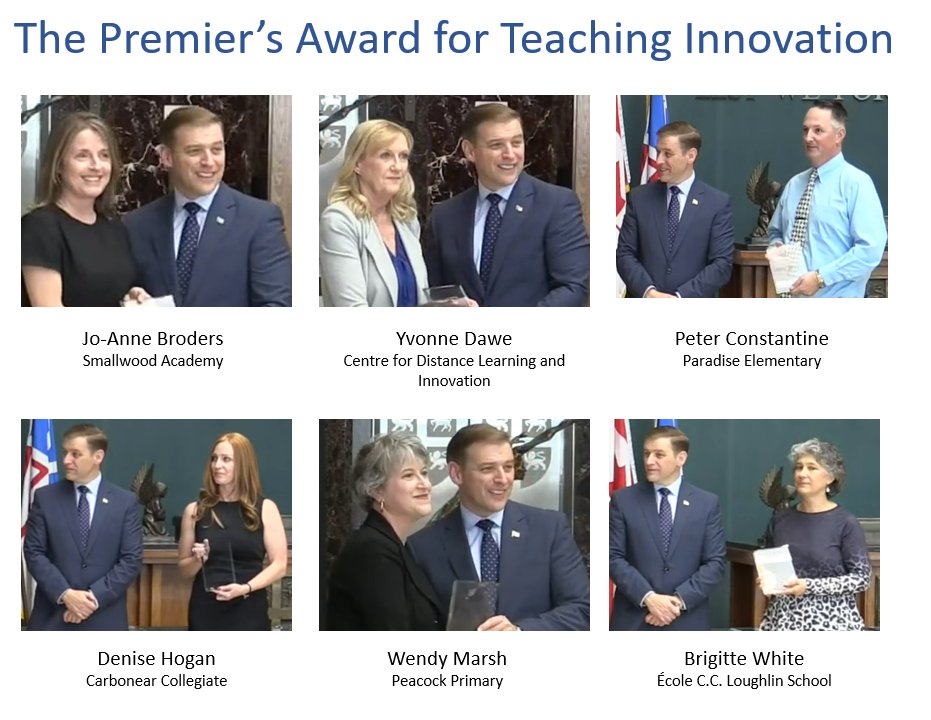 Congratulations to the 2023 recipients of the  Premier’s Award for Teaching Innovation: Jo-Anne Broders (<a href="/SWApanthers/">Smallwood Academy</a>), Yvonne Dawe (@ConnectEDCDLI), Peter Constantine (<a href="/paradiseelem/">Paradise Elementary</a>), Denise Hogan (<a href="/ccsentinels/">Carbonear Collegiate</a>), Wendy Marsh (<a href="/Buddy3896/">Peacock Primary School</a>), Brigitte White (<a href="/CCLoughlin/">École C.C. Loughlin</a>). Well done!