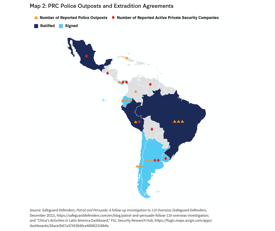 In our latest @CSISAmericas report, we examine the spectrum of threats presented by #China's security and defense engagement in #LatinAmerica and the #Caribbean. Of grave concern are overseas police outposts, as shown in the map below. Read further here: csis.org/analysis/paper….