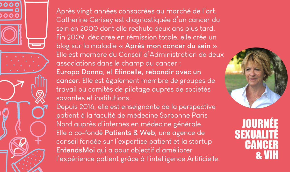 Catherine Cerisey sera notre grand témoin lors de la table-ronde finale de la Journée #Sexualité, #Cancer et #VIH ! 

Patiente engagée dans le domaine du cancer depuis de nombreuses années, elle a notamment co-fondé <a href="/PatientsandWeb/">PatientsandWeb</a> et <a href="/EntendsMoi/">EntendsMoi</a> 

Sa bio⏬