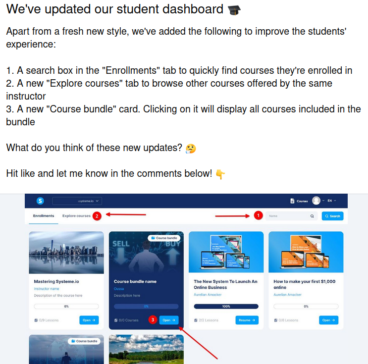 systeme_io's tweet photo. We've updated our student dashboard 🎓

Apart from a fresh new style, we've added new features to improve the students' experience 🚀

Hit 💓 and let me know what you think below! 👇 https://t.co/Y1Hnxtlc1e