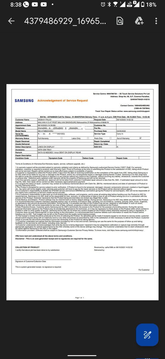 Ak_palav's tweet photo. @SamsungMobile @SamsungIndia @AakashGourX @TechnicalGuruji  got this 2 green line after samsung update and now after 20 days submitted says not under free replacement no proper reason about rejection because phone is in very good condition. Look into this only big name of compani https://t.co/afRh9Ibuek