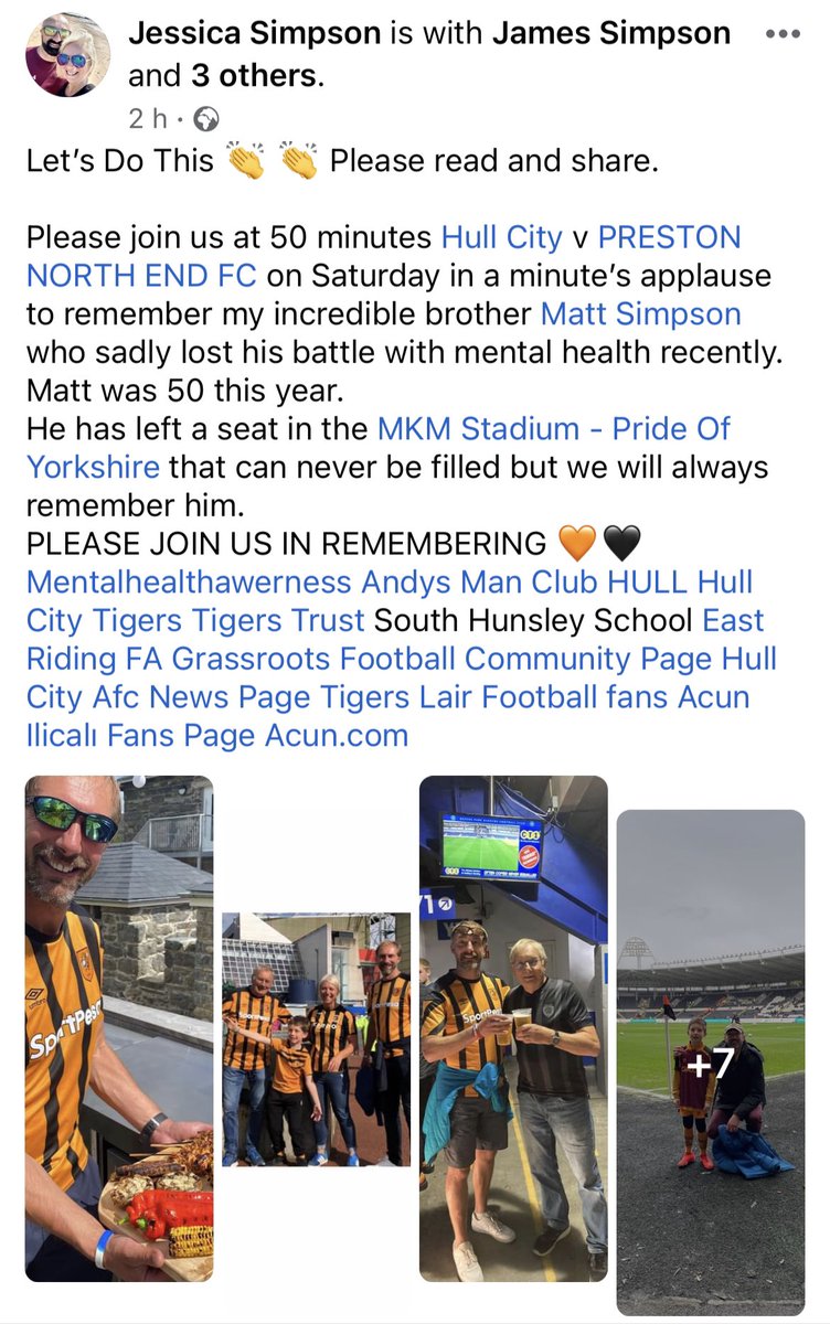 If you are attending @HullCity vs @pnefc this Saturday, the family and friends of Matt Simpson will be clapping on the 50th minute to remember Matt and celebrate his life. For those that can join in or share this post, it would be much appreciated. 🐯💛 #hcafc