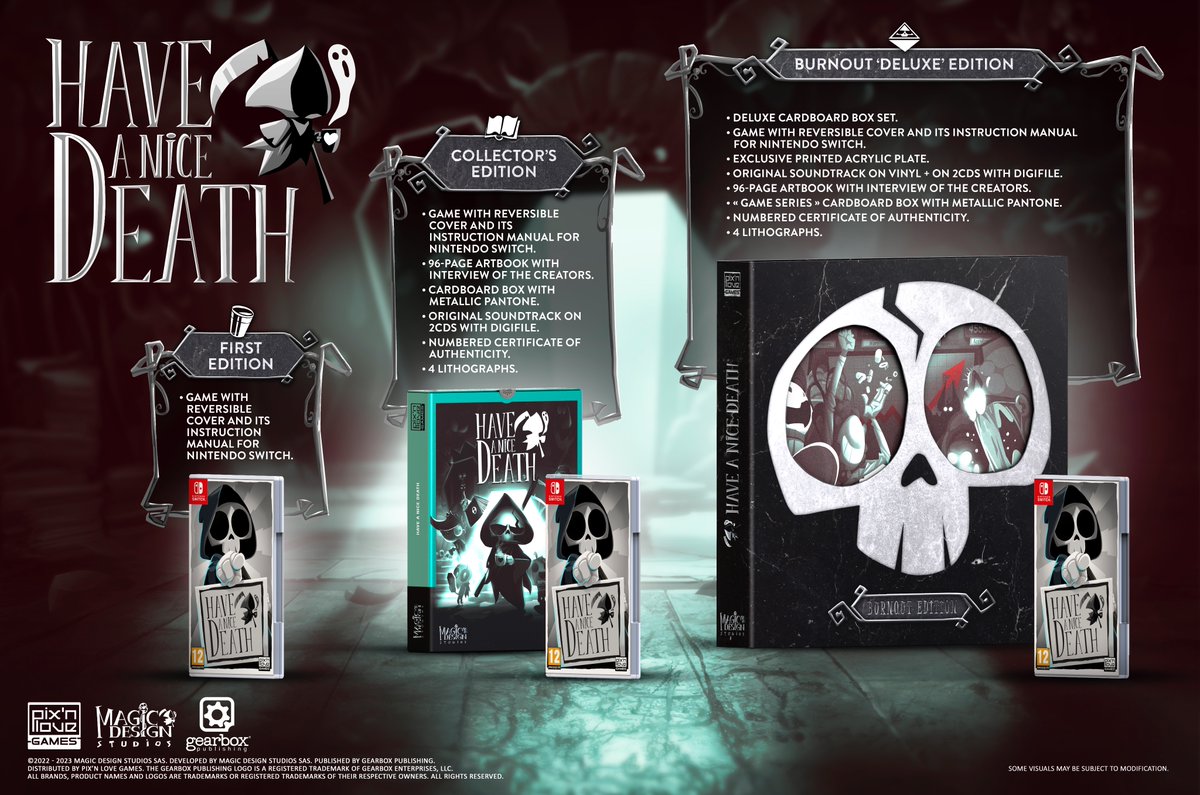 MagicDesignGame's tweet photo. 💀 Preorders open💀
Discover now Have a Nice Death on #NintendoSwitch in three physical offers: 
🤍 First Edition (with reversible cover + manual)
🩶 Collector's (1500 copies)
🖤 Deluxe (500 copies)

⚰️ More info on https://t.co/ZB8i4ksG5I

#HaveANiceDeath #IndieGame #collector https://t.co/uqbZ7EiRU4