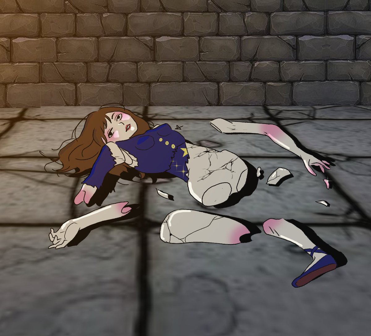 PookieDraws's tweet image. "You reach a hallway, you see a small life size doll broken and lifeless on the floor with a comicly large weapon near it. Though you've never met this doll you feel an ache in your chest. A sadness you can't explain, you continue along your journey."
Day 26, all edge no point