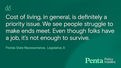 pentainsiders's tweet photo. STATE SPOTLIGHT: One of the most notable challenges facing Florida policymakers is cost of living, with 46% of policy leaders saying it’s a top priority. Learn more here: https://t.co/Yw1R67ki0Y https://t.co/2x4Gley2NB